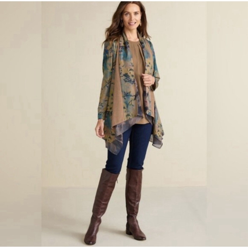 Soft Surroundings Floral Tea Garden Bird Topper Large Open Cardigan Jacket‎ NWT